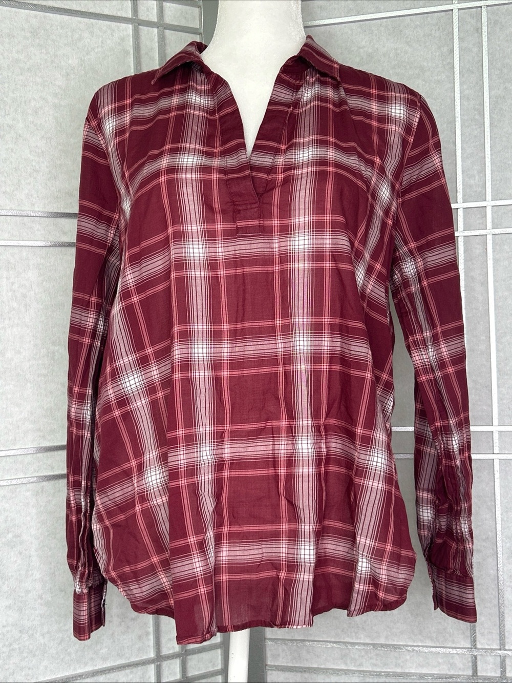 LOFT Plaid Collared Pullover Shirt Women's Size L Long Sleeve Cotton
